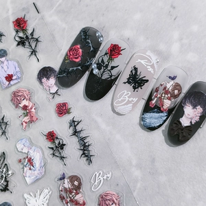 Adesivi per unghie 5D gotici con rose rosse, spine nere e personaggi manga per decoro