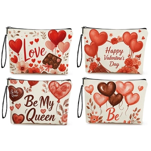 Valentine Day Makeup Bag Fine Linen Heart Chocolate Print Cosmetic Pouch With Zipper And Wristlet Strap Travel Storage Case