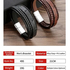 Handcrafted woven PU leather bracelet for men with silver alloy magnetic clasp in black and brown