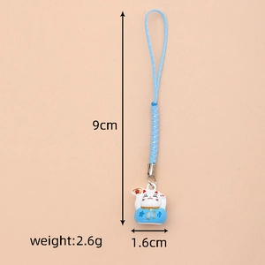 Detail showing 9cm Maneki Neko phone strap weight 2.6g with blue woven rope and bell