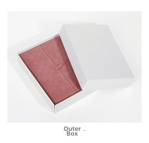 Detail view of premium pink velvet jewelry box with its white rigid lid packaging box