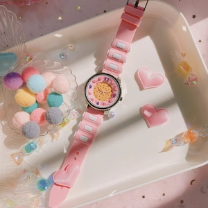 Pink silicone children's watch featuring a cartoon cookie dial with heart decorations