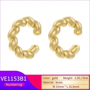 Golden twisted C-shape brass ear cuffs with minimalist metal design for non-pierced ears