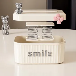 Cream luxury tissue box with silver bear and spring lift mechanism for living room decor