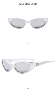 Detailed front and side views of silver Y2K wrap sunglasses with matte metallic frame