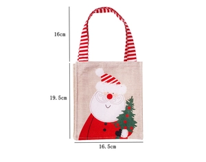 Christmas burlap gift bag with Santa print and dimensions shown on white background