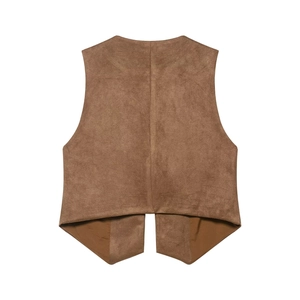 Detail view of the brown faux suede vest back showing the smooth matte texture and cut