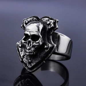 Vintage punk silver skull shield ring in stainless steel for men with biker design
