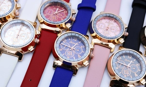 Close-up of colorful leather strap quartz watches with gold-plated multi-dial design