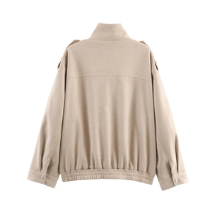 Back view of beige suede jacket featuring stand collar, epaulettes and elasticated hemline