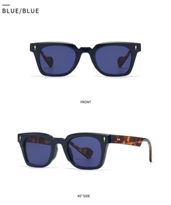 Detailed front and side view of retro blue cat-eye sunglasses with gold arrow rivets