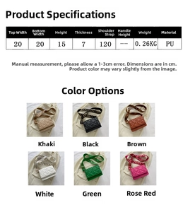 Size chart and dimensions for a minimalist square crossbody bag with six color options