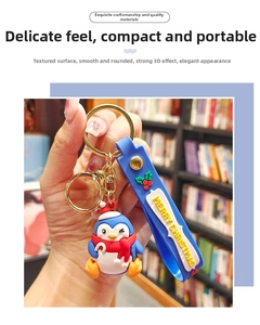 Detail view of 3D penguin Christmas keychain with Merry Christmas blue silicone wrist strap