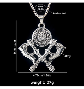 Detail of Viking axe pendant with Valknut symbol and stainless steel chain dimensions