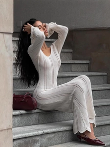 Elegant off-white V-neck crochet knit dress with long sleeves and slim fit design