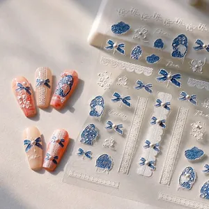 5D Embossed Nail Art Stickers Denim Blue Bowknot Artificial Pearl White Lace Design Self Adhesive Manicure Decals For DIY Nails