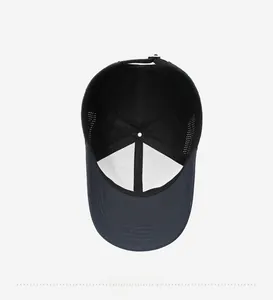 Detail view of the breathable mesh inner lining and reinforced structure of the baseball cap