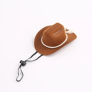 Detailansicht brauner Cowboy-Haustierhut aus Filz mit weißer Kordel und verstellbarem Riemen