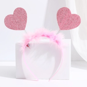 Diadema de corazones rosa con plumas y purpurina en resortes para fiesta de San Valentín