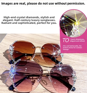 Detail of rimless polygon sunglasses featuring Czech rhinestones and gradient lenses