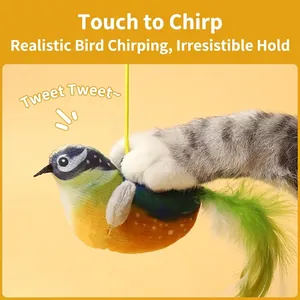 Interactive plush bird cat toy with feathers and elastic string for hanging play