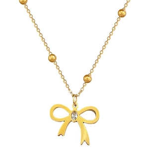 Minimalist gold titanium steel bow necklace with zircon pendant on delicate bead chain