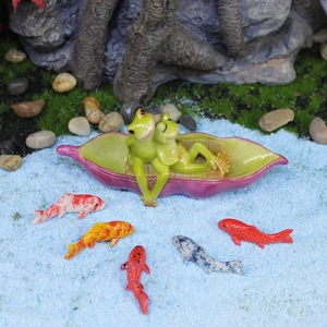 Garden frog couple in leaf boat with koi fish miniatures for succulent landscape