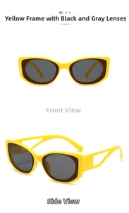 Detailed views of yellow oval sunglasses with hollow temples and dark grey lenses