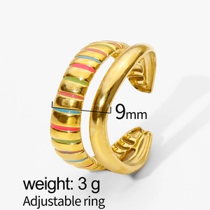 9mm 18K gold plated adjustable stainless steel ring with colorful enamel stripes