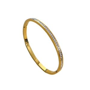 Minimalist gold-plated stainless steel hinge bracelet with white round-cut rhinestones