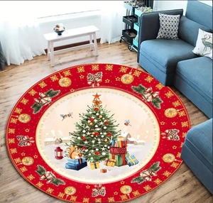 Christmas round rug with tree and reindeer motifs on wooden floor in a modern living room