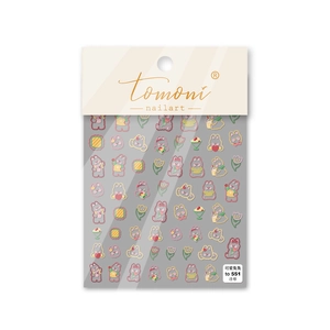 Detail view of 3D embossed nail art stickers featuring cute blue bunnies and tulips