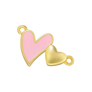 Close-up of dual heart charm with pink enamel inlay and 18K gold plated finish