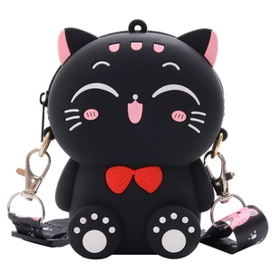 Cute black silicone cat crossbody bag with pink bow and cartoon print shoulder strap