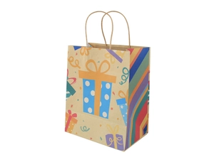 Detail of kraft paper gift bag with colorful cartoon box patterns and twisted rope handle