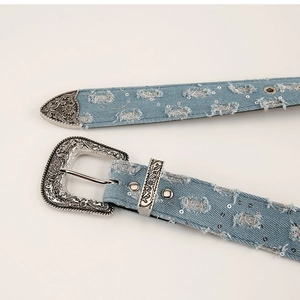 Vintage blue denim belt with engraved silver buckle and sparkling sequin accents
