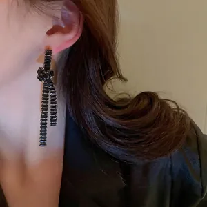 Long black crystal tassel knot earrings with silver needle for women's fashion