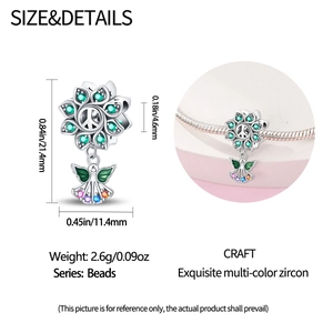 Detailed dimensions of silver angel and peace charm with colorful zircon stones