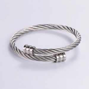 Silver adjustable stainless steel twisted cable cuff bracelet in a professional 45-degree view