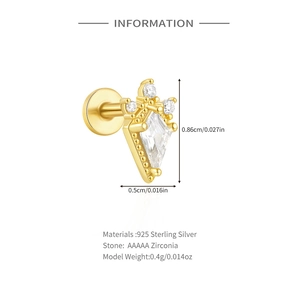 Detail view of 925 sterling silver gold stud earring with dimensions and zirconia specs