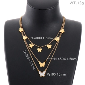 Triple Layer Butterfly Pendant Necklace Stainless Steel Rhinestone Inlaid Multi Strand Jewelry For Women
