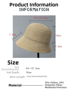Size chart showing breathable knit sun hat dimensions and mixed cotton material specs