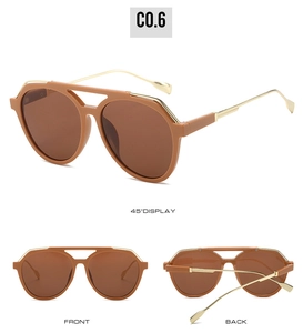Detailed views of brown pilot sunglasses with gold metal temples from three angles