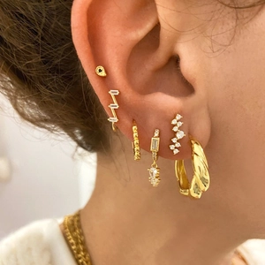 Elegant s925 silver needle geometric zircon drop hoop earring set on female model ear