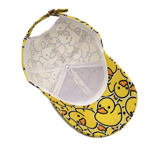 Yellow baseball cap with cartoon duck print, curved brim and adjustable metal buckle strap