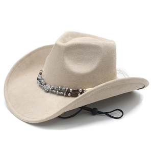Beige wide brim western cowboy hat with beaded band and adjustable chin strap