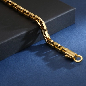 Men's hip-hop gold geometric box chain bracelet featuring polished stainless steel links