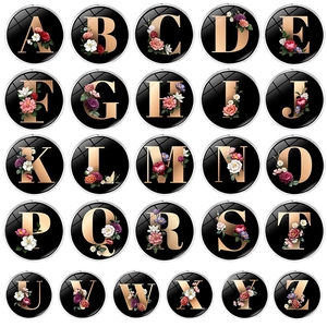 26-piece set of black glass floral letter brooches with gold A-Z alphabet designs
