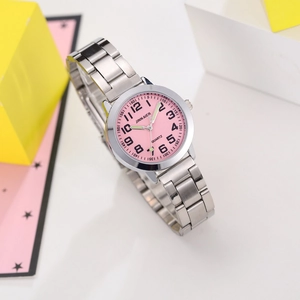 Kids silver steel quartz watch with pink dial and Arabic numerals on a white background