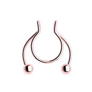 Detailed view of rose gold U-shaped stainless steel septum ring with dual smooth beads